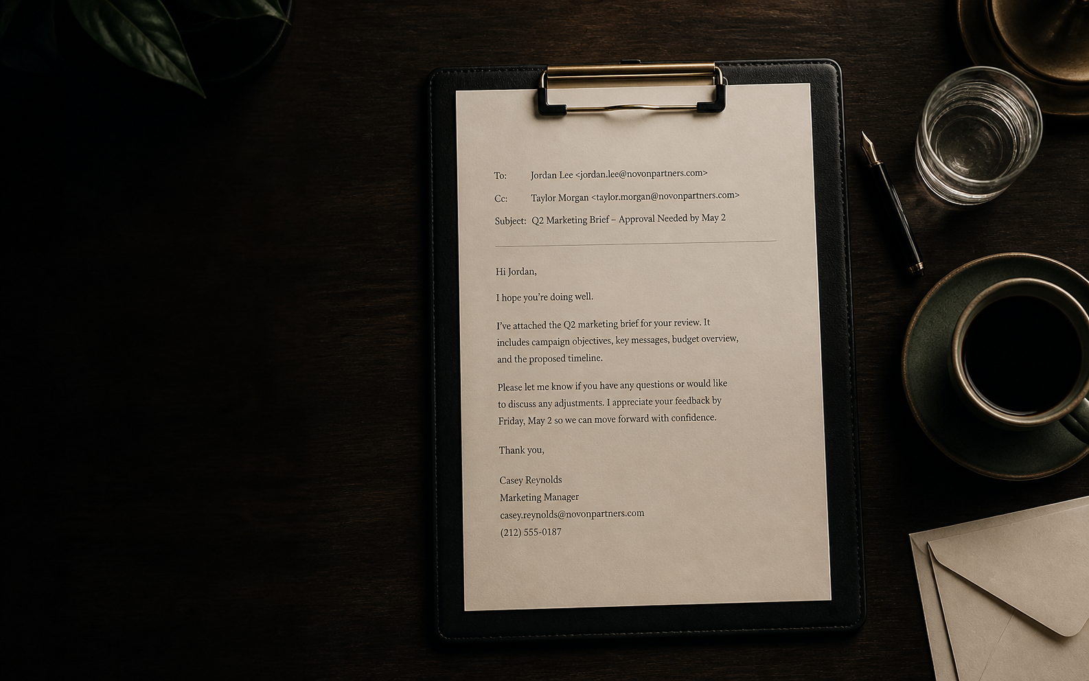 A polished professional email on a clipboard beside a pen and coffee
